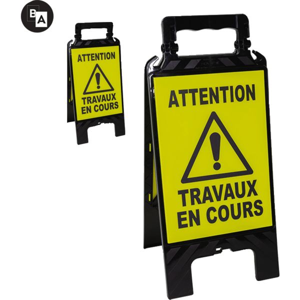CHEVALET . MODULABLE NOIR - PLAQUES JAUNE FLUO TRAVAUX EN COURS