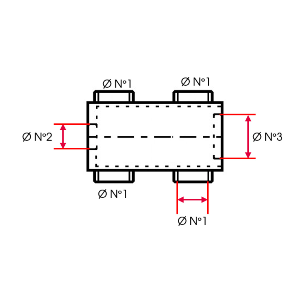 COLLECTEUR 04 SORTIES FEMELLE  1""1/4 (33X42) - FEMELLE  1""1/2 (40X49) - FEMELLE 1""  (26X34)   - 90 ENTR'AXE 105